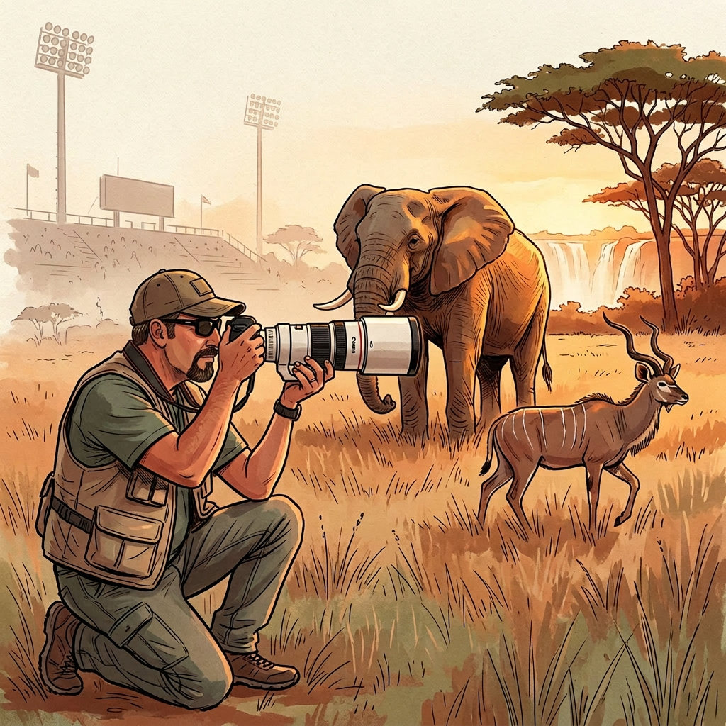 Hand-painted illustration of Douglas crouched with a large white telephoto lens, photographing an elephant and a kudu in golden savanna light, with ghosted stadium floodlights fading into the background and Victoria Falls in the distance